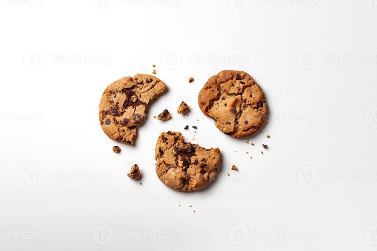 Top view of homemade chocolate chip cookies isolated on white background. photo