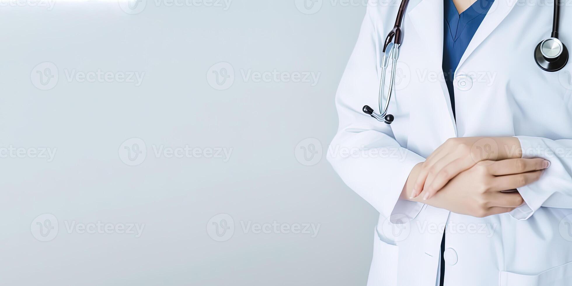 A woman doctor wearing a lab coat with a stethoscope with copy space. photo