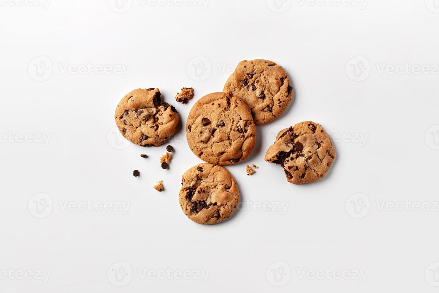 Top view of homemade chocolate chip cookies isolated on white background. photo