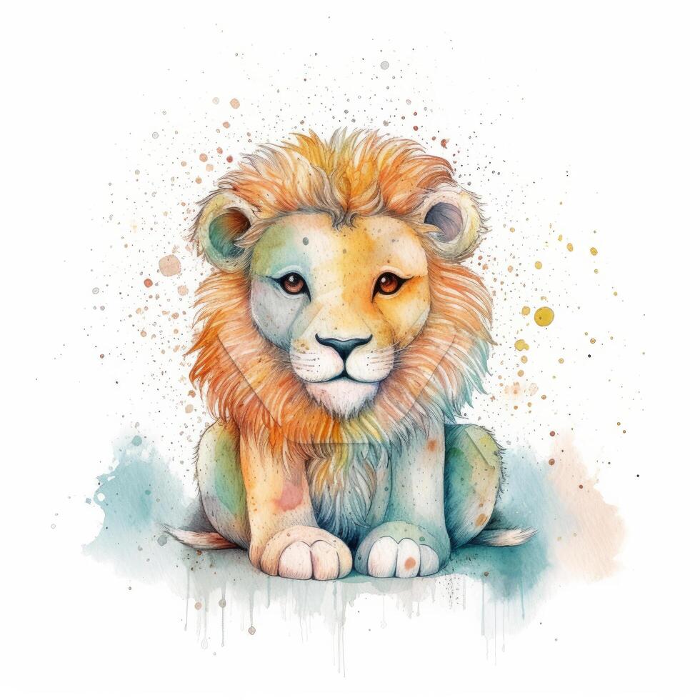 Cute watercolor baby lion. Illustration photo