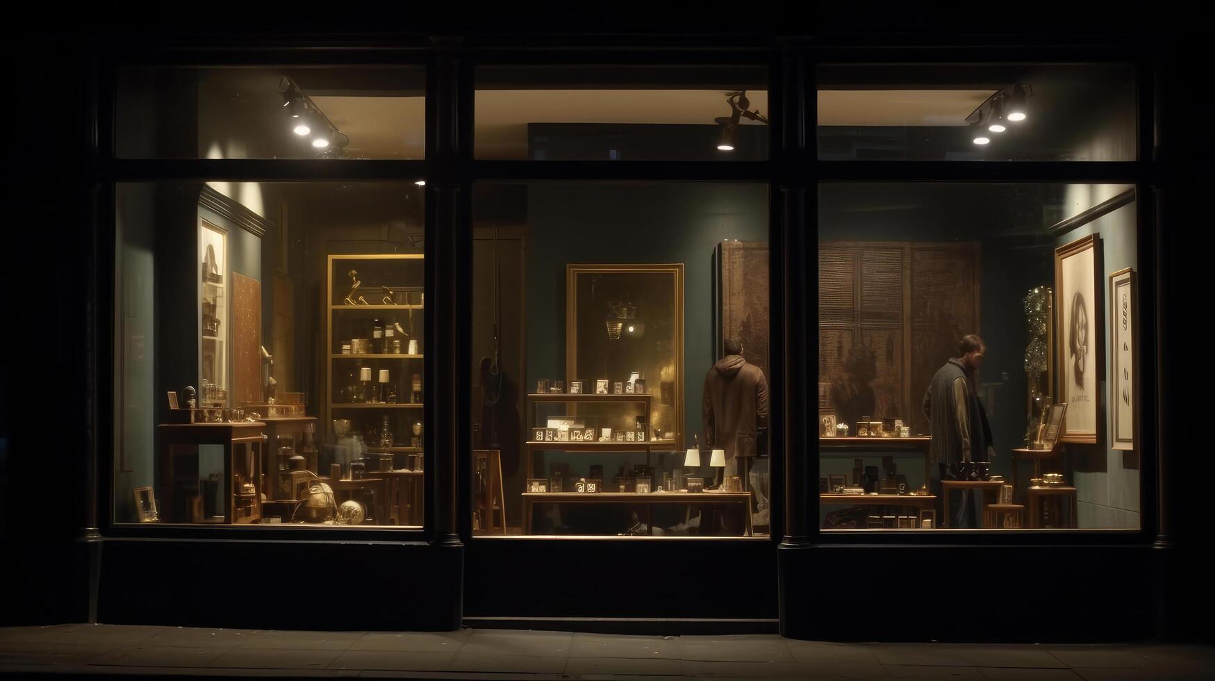 Empty shop layout street window display in the city at night. Illustration photo