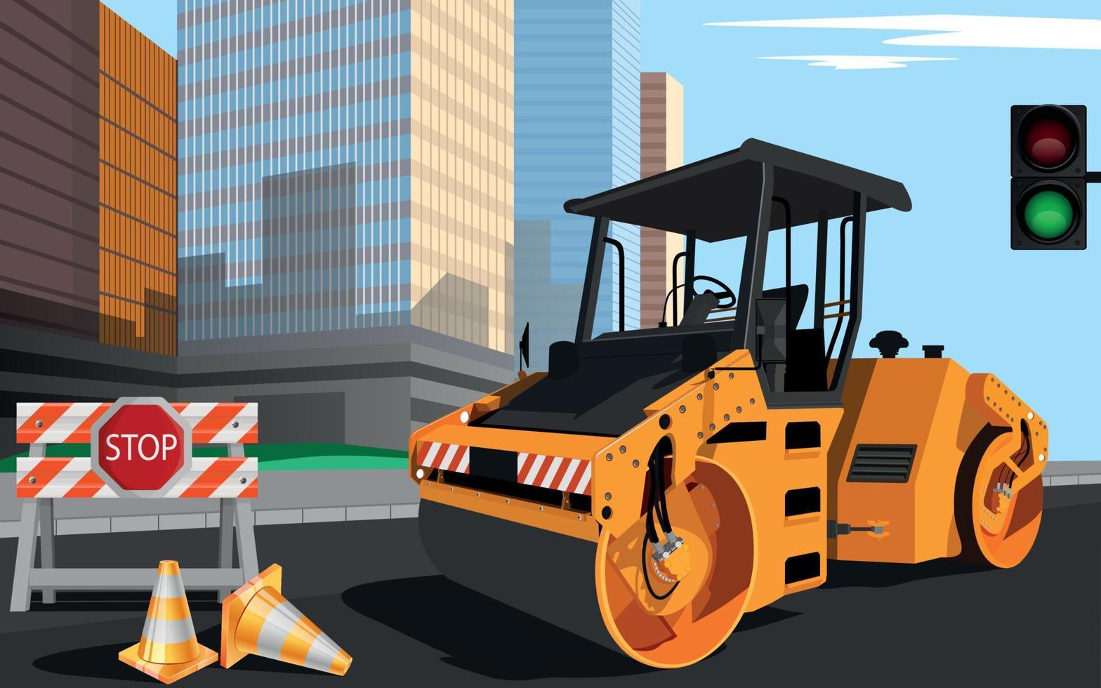 Under Construction city with road roller vector