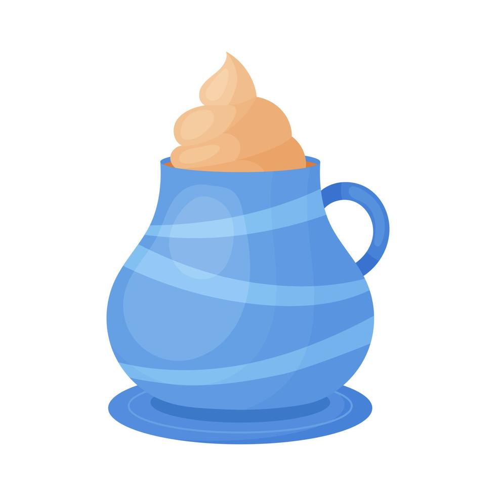 Mug of hot chocolate with whipped cream, in a blue mug, on a white background vector