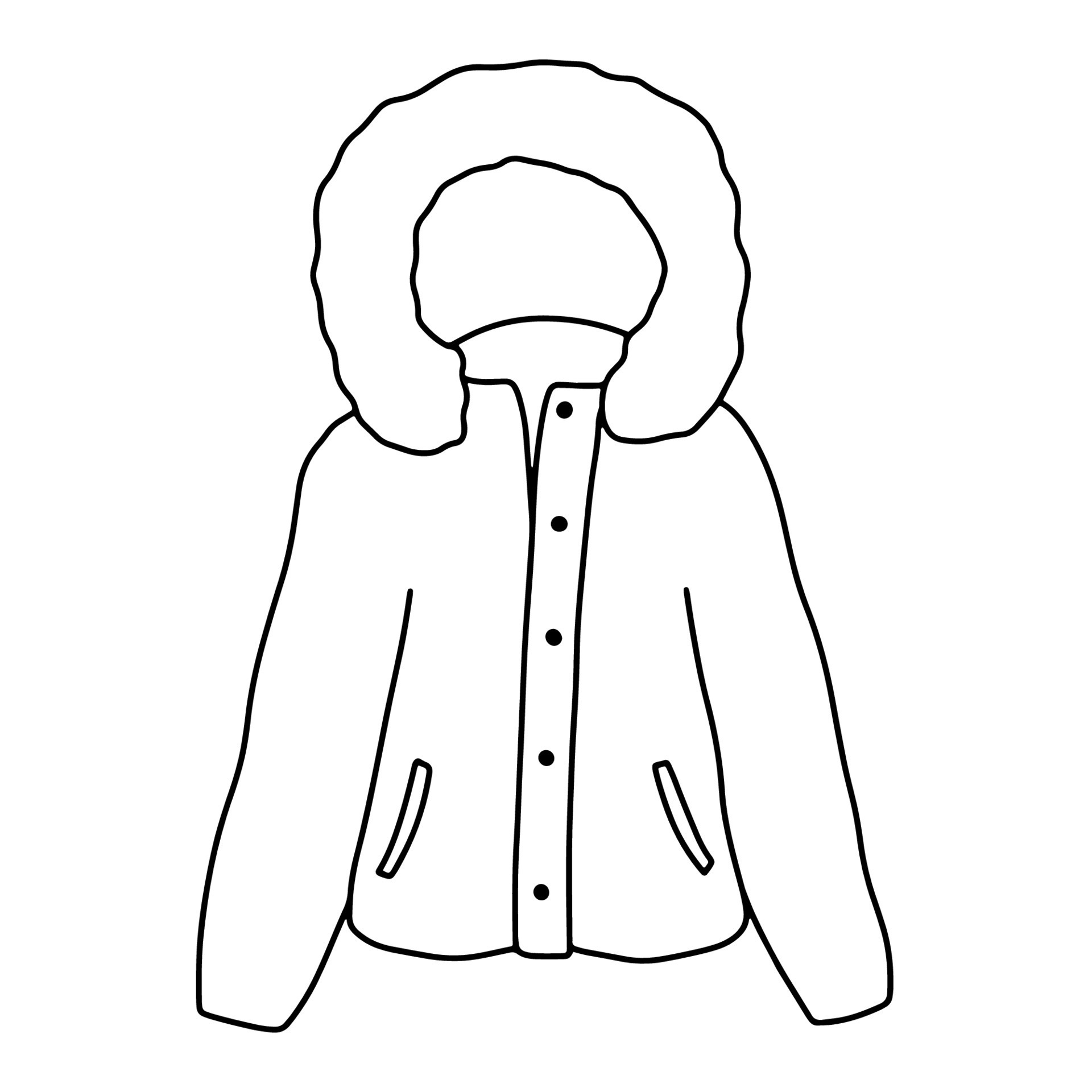 Puffer winter jacket with hood isolated on white. Doodle outline