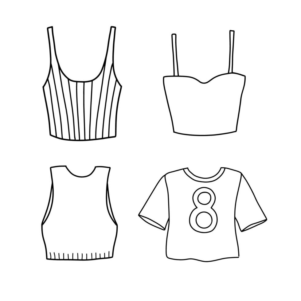 Short sports T-shirt with number eight. Female clothes. Vector doodle sketch set isolated on white