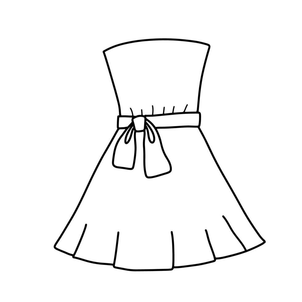 Line sketch of short dress with bow for girl. Doodle dress with pleats. Funny clothing. vector