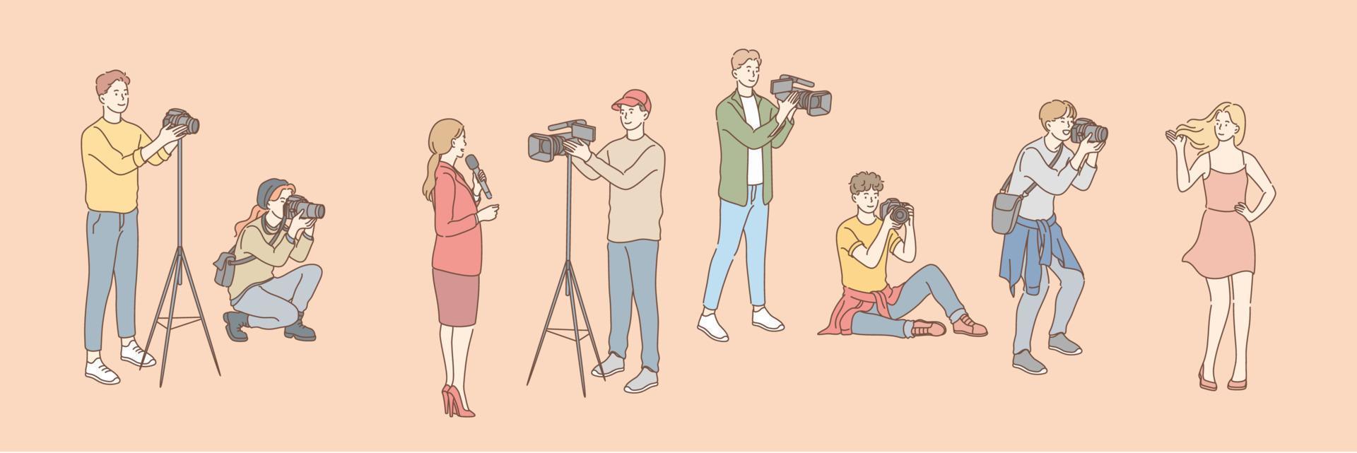 Set of photo and videographers, paparazzi, journalist concept vector