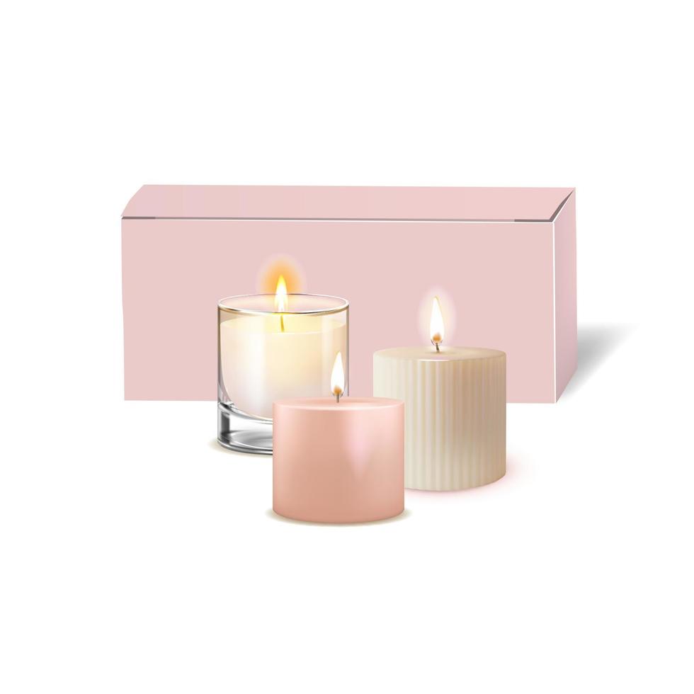 Realistic Detailed 3d Different Scented Wax Candle in Glass Jar and Box. Vector