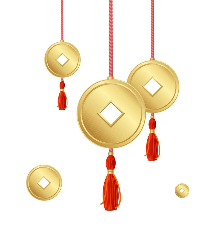 Realistic Detailed 3d Hanging Asian Lucky Coins with Tassels Good Luck Concept. Vector