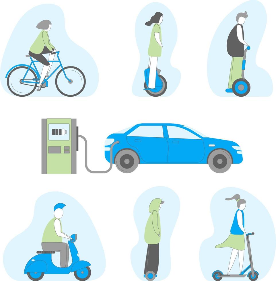 Cartoon Color Characters People and Electric Transportation Concept. Vector