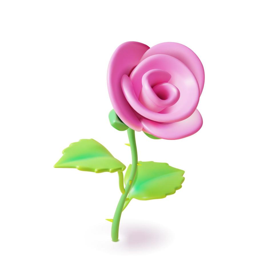 3d Pink Rose Flower Plasticine Cartoon Style. Vector