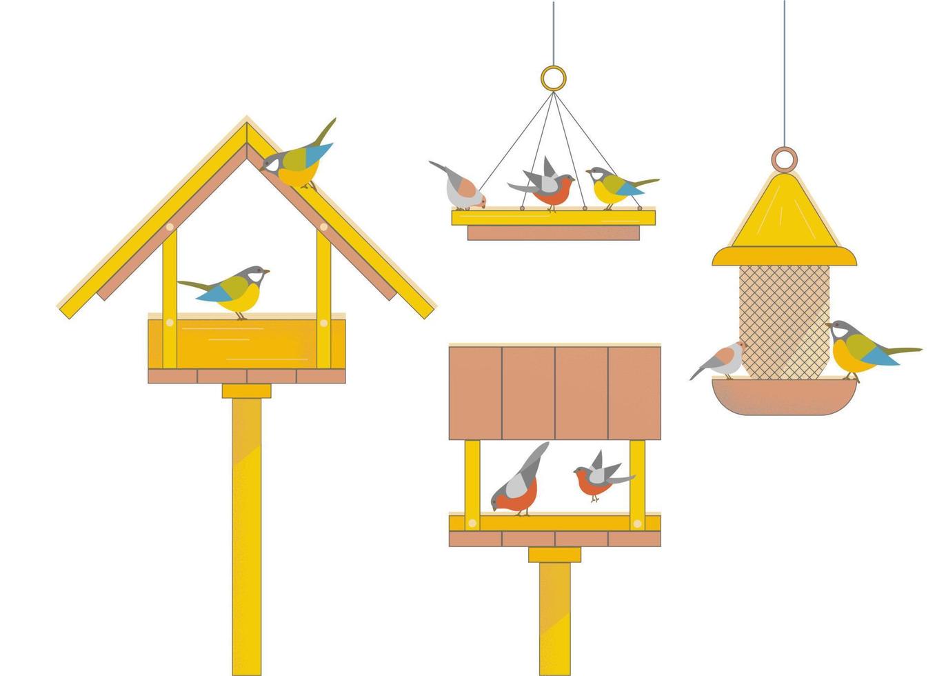 Cartoon Color Bird Feeder Winter Set Concept. Vector