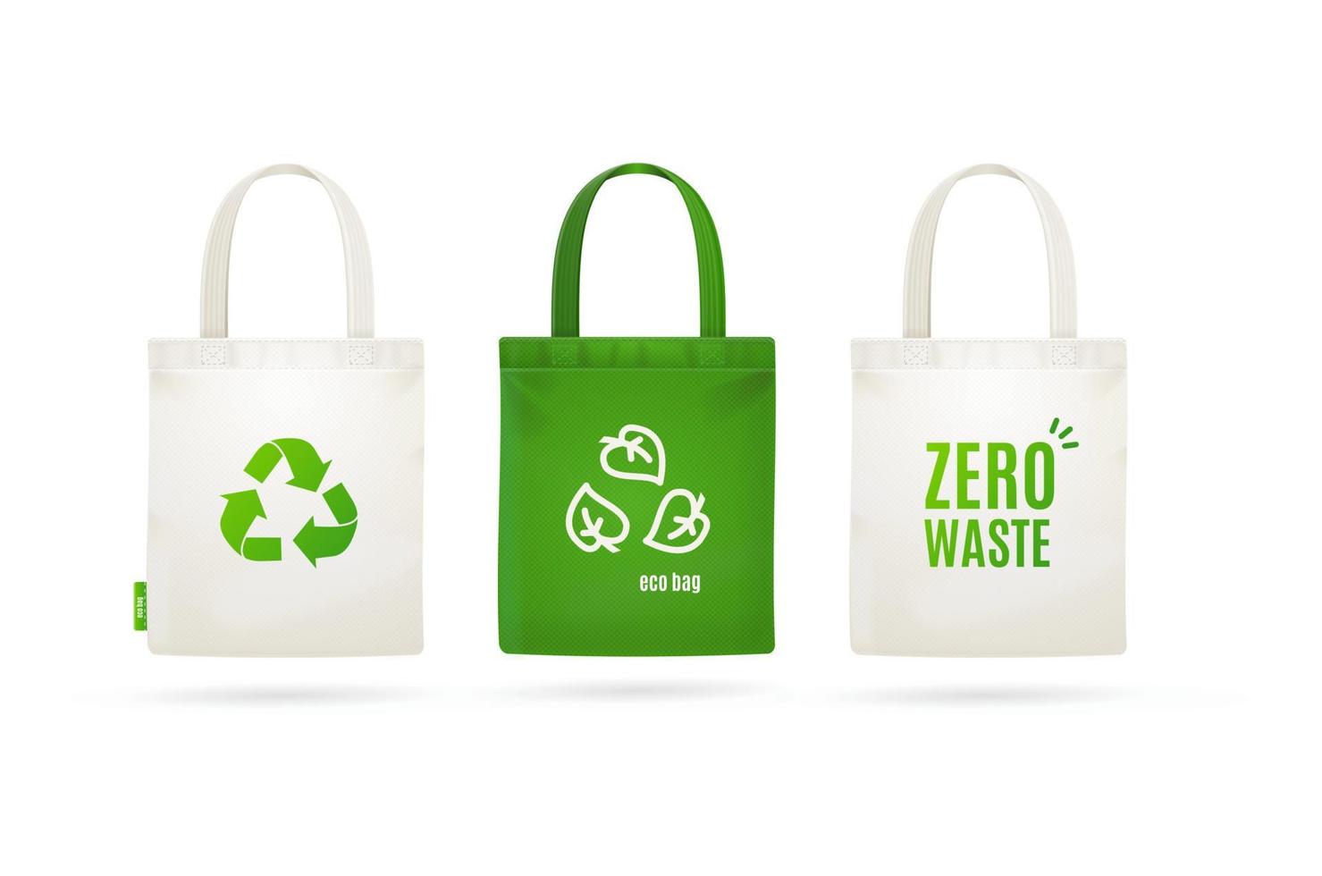 Zero Waste Concept Realistic Detailed 3d Tote Bag Fabric Cloth Set. Vector