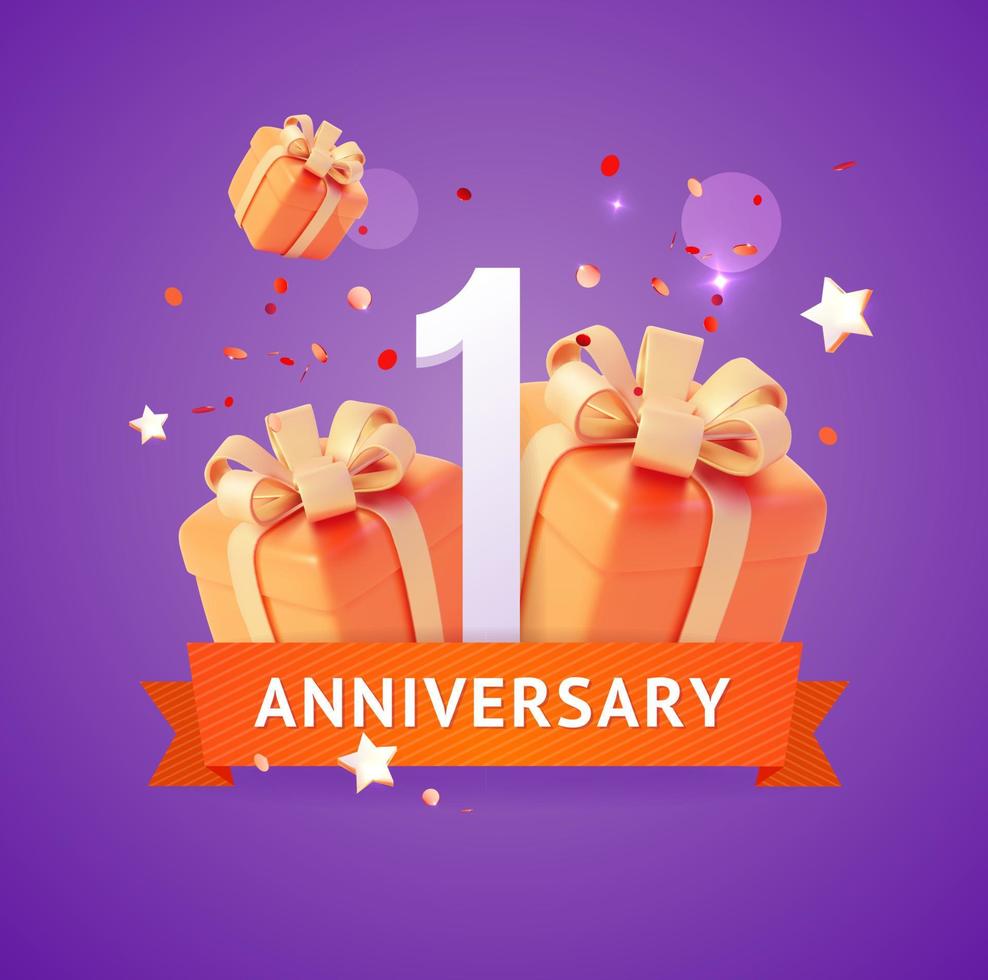 3d First Anniversary Concept Cartoon Style. Vector