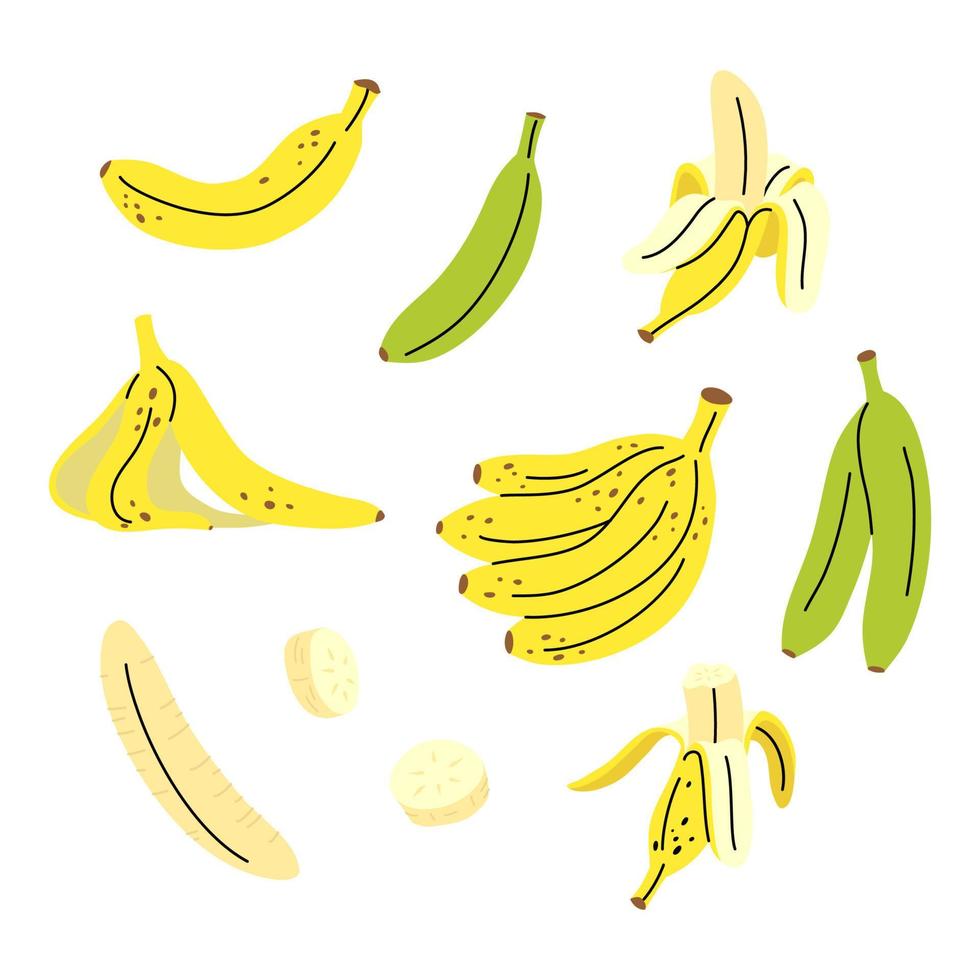 Cartoon Yellow Bananas and Banana Peel Set Icons Set. Vector