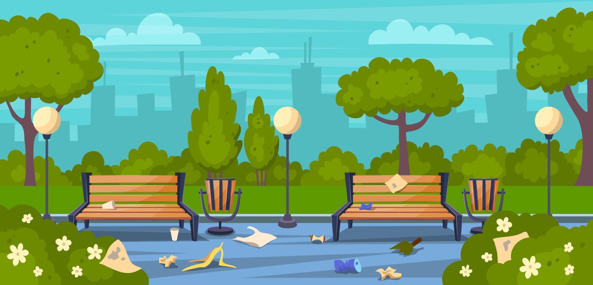 Cartoon Color Garbage in City Park Landscape Scene Concept. Vector