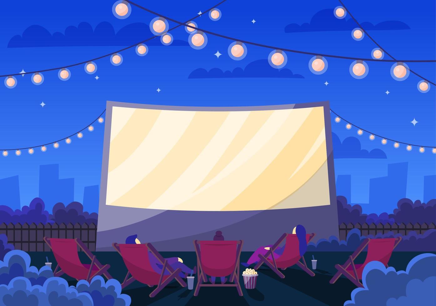 Cartoon Color Open Air Cinema Scene Concept. Vector