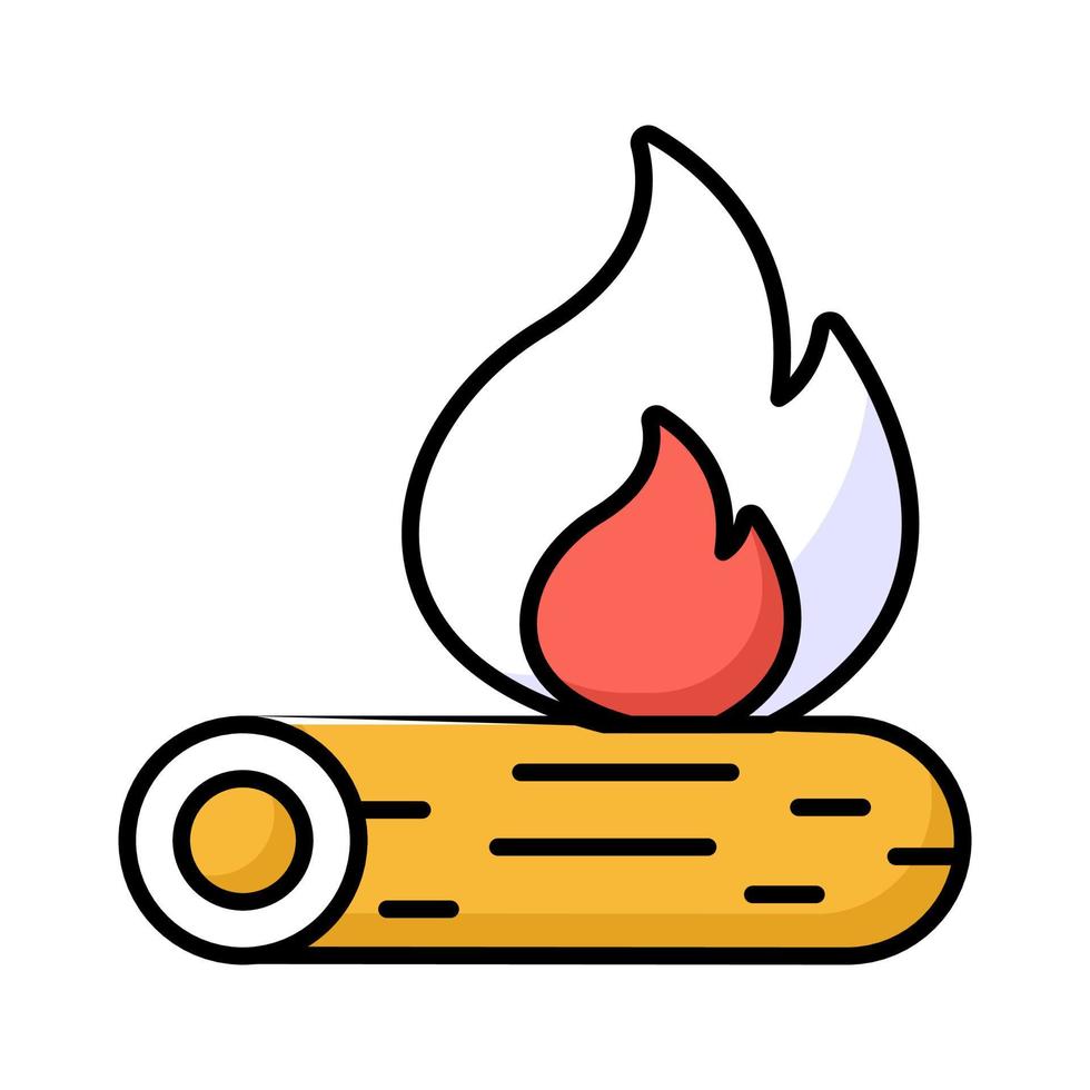 Campfire, burning bonfire, wood log with fire flame in editable design vector