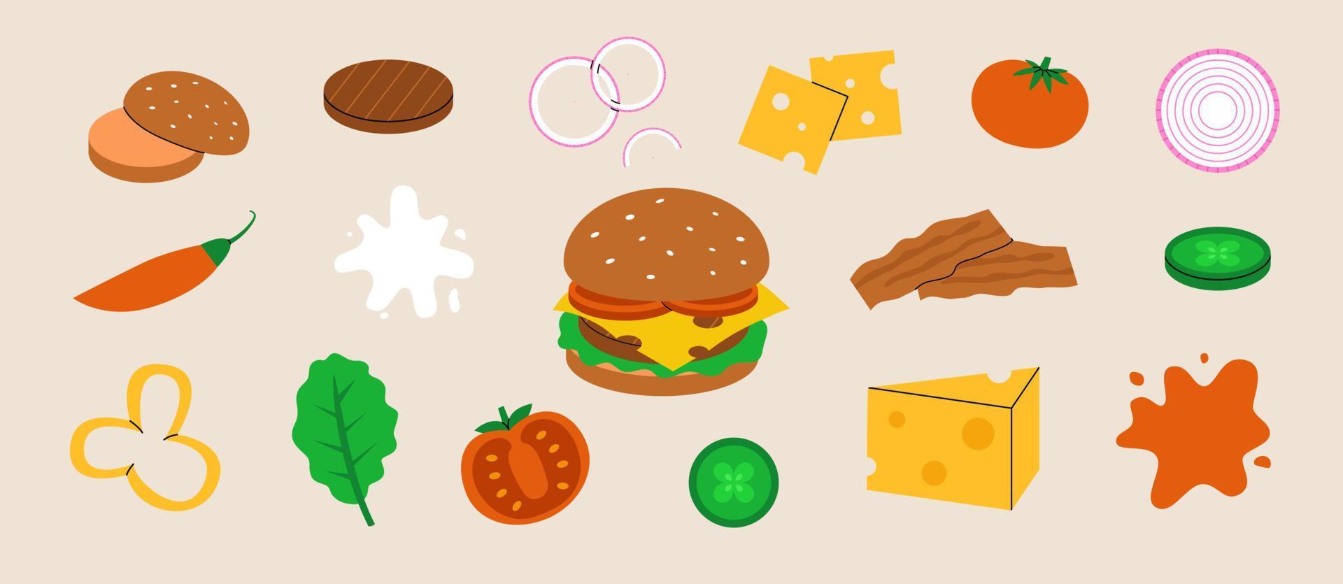 hamburguesa ingredientes conjunto vector