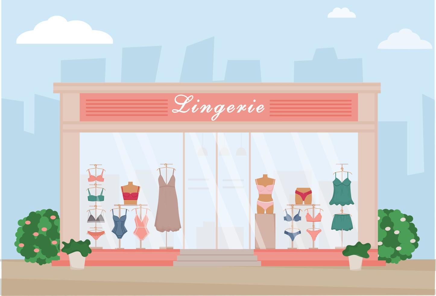 Lingerie store on the street. Modern underclothers shop. Retail trail. Shop window with mannequins and displaies, hangers. Bra, sleepwear, bikini, panty.   Front view of store. Vector illustration.