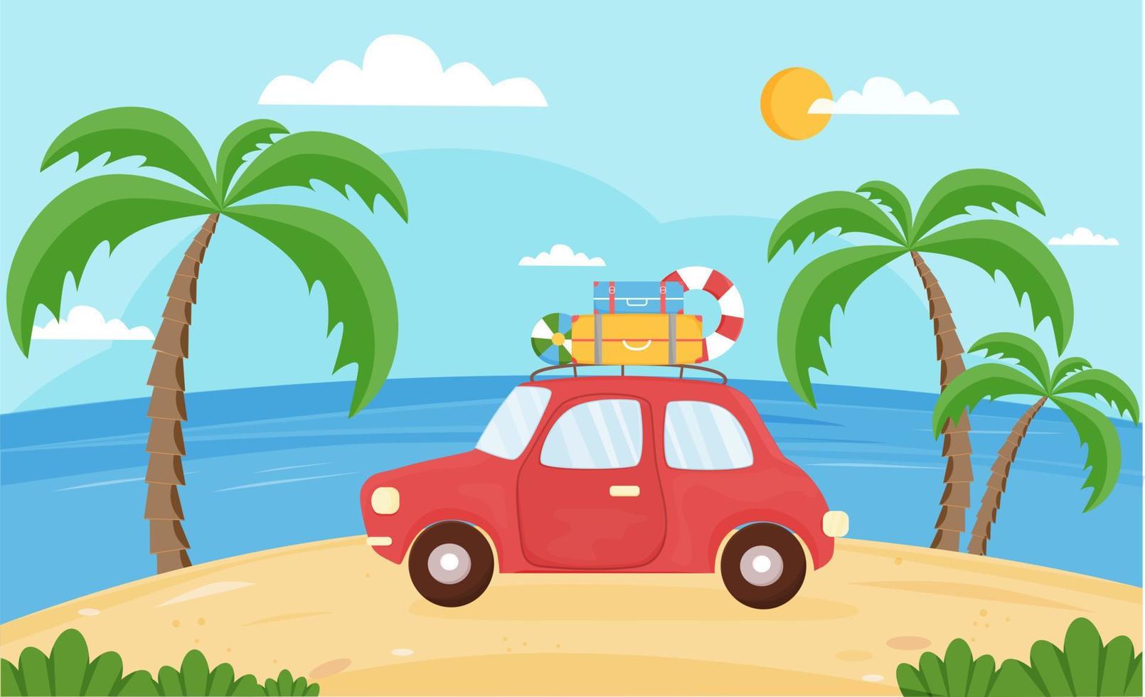 Red car with suitcases is driving on the beach. Summer background with auto, sea, beach, palms. Vacation, tourism, summer trip, holiday. Vector illustration in flat stylle.