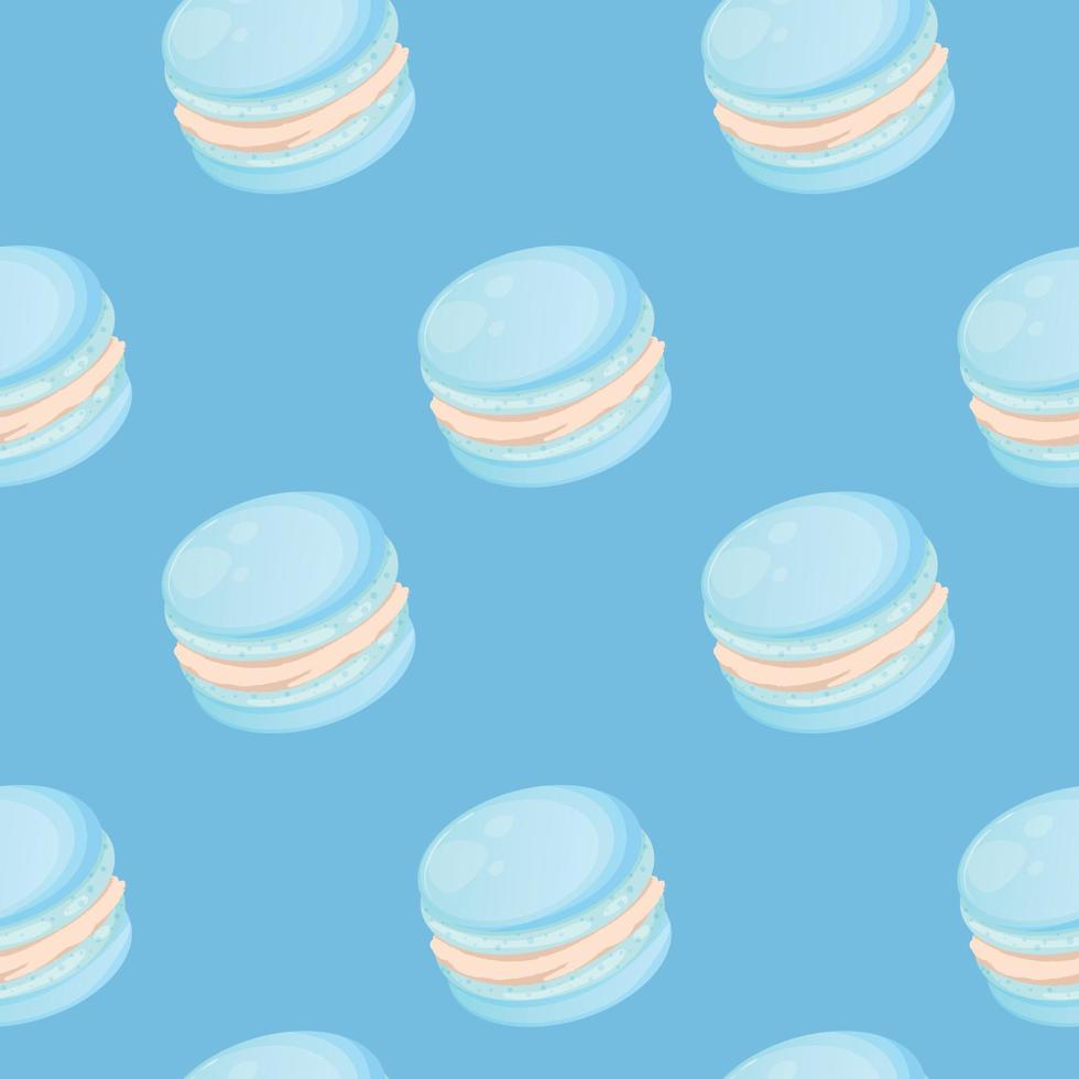Seamless pattern with blue cute cartoon macaroons on a blue background. Bright seamless pattern with sweets for confectioner or postcard. Sweet background for candy store vector