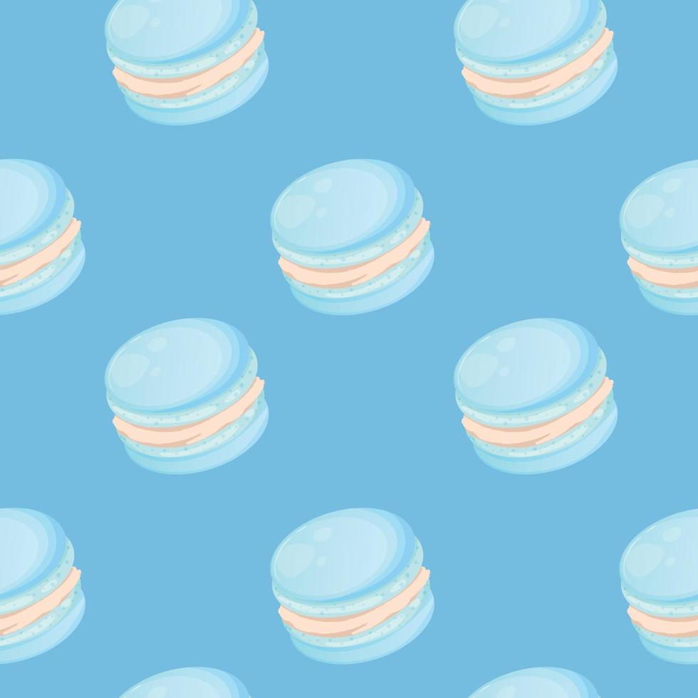 Seamless pattern with blue cute cartoon macaroons on a blue background. Bright seamless pattern with sweets for confectioner or postcard. Sweet background for candy store vector