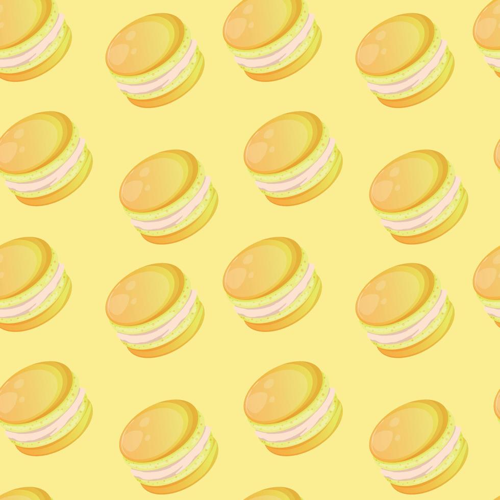 Seamless pattern with yellow cute cartoon macaroons on a yellow background. Bright seamless pattern with sweets for confectioner or postcard. Sweet background for candy store vector