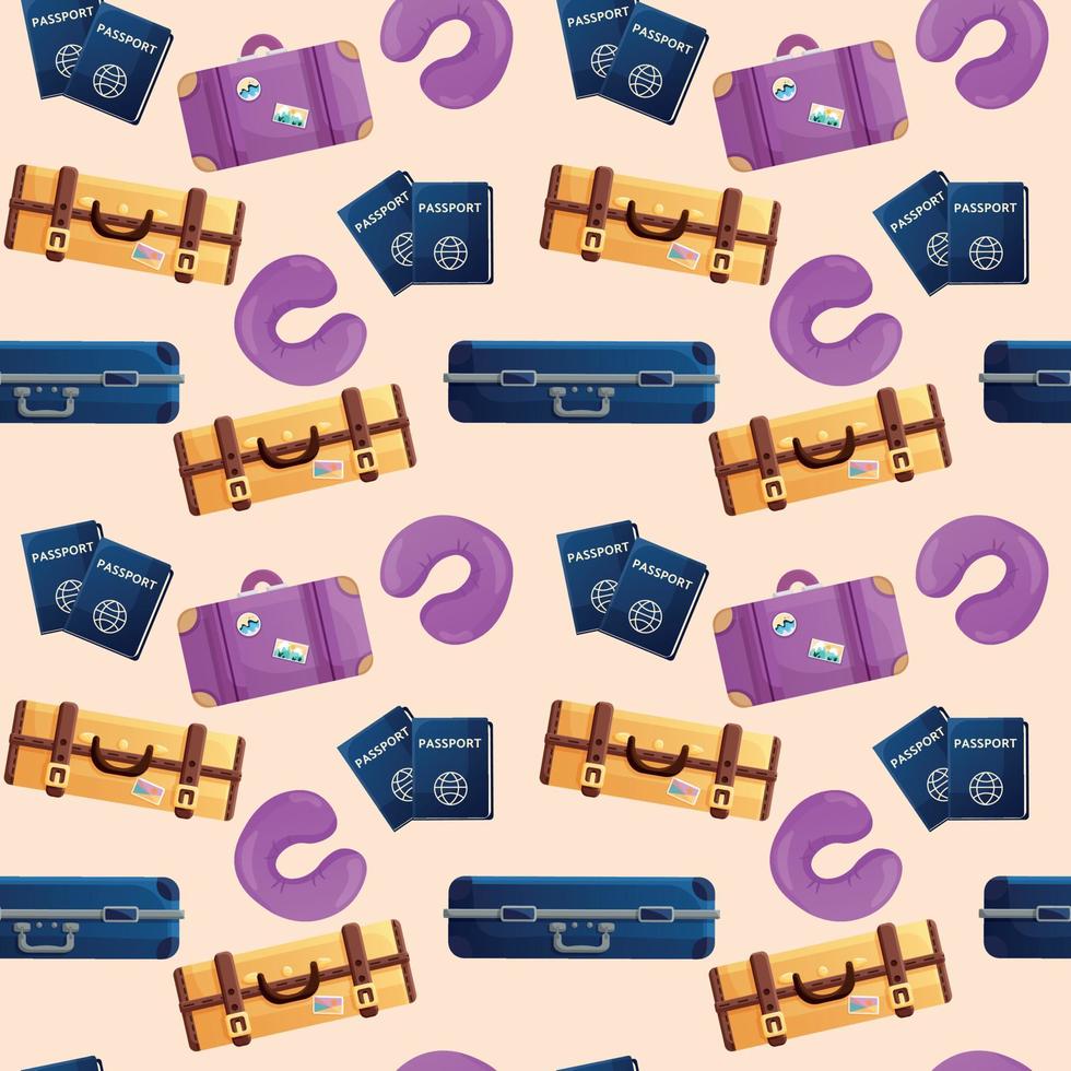 Seamless pattern on the theme of travel with a blue, yellow and purple suitcase, two blue passports, a purple sleeping pillow on a beige background. Background for tourism with travel elements vector
