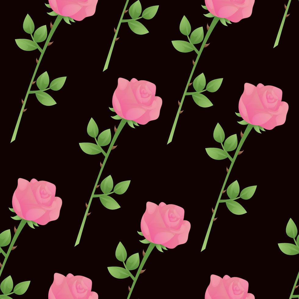 Floral beautiful seamless pattern with pink roses with stem and leaves on brown dark background. Bright seamless pattern with flowers for a florist or flower shop. Floral background for postcard vector