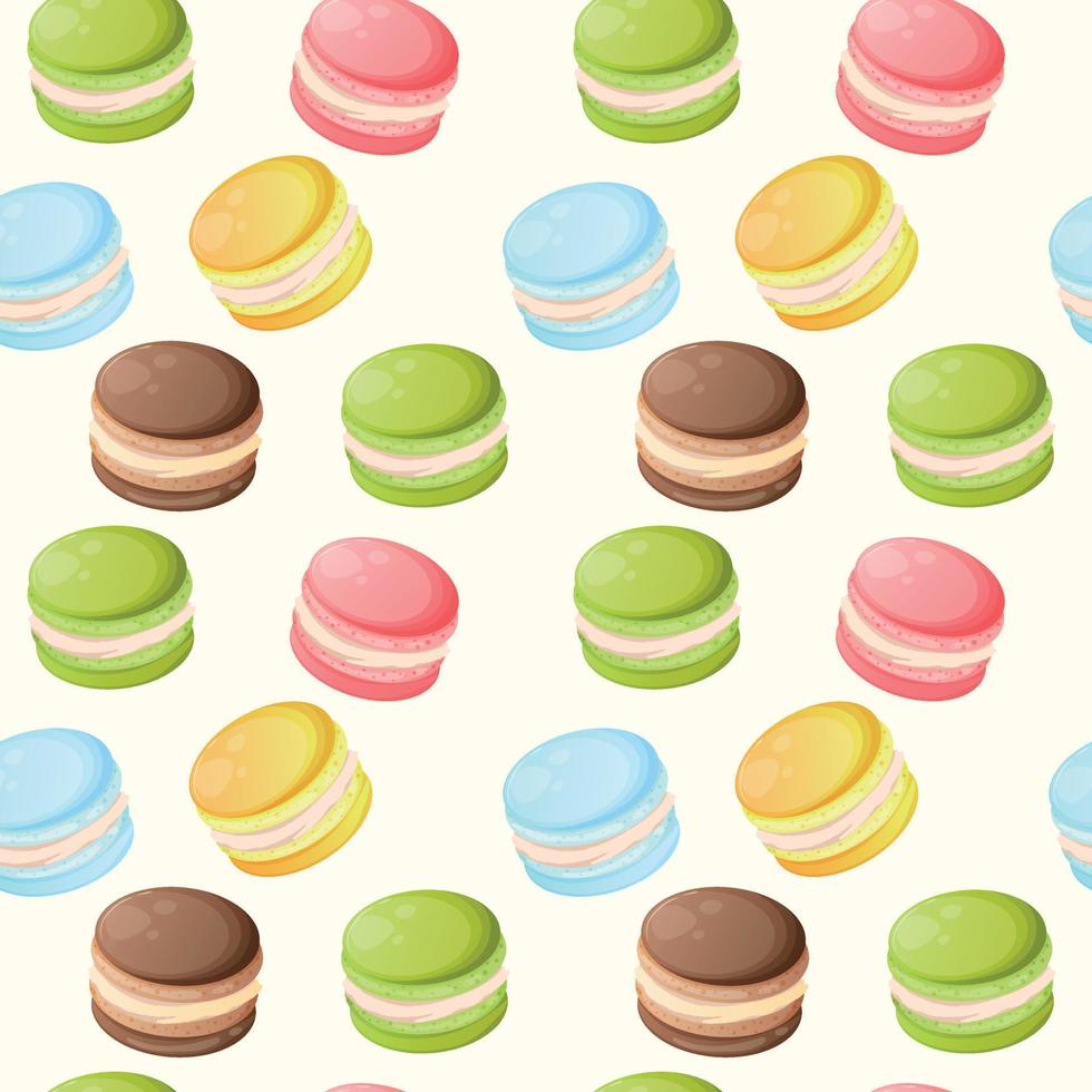 Seamless pattern with colorful cute cartoon macaroons on a white background. Bright seamless pattern with sweets for confectioner or postcard. Sweet background for candy store vector