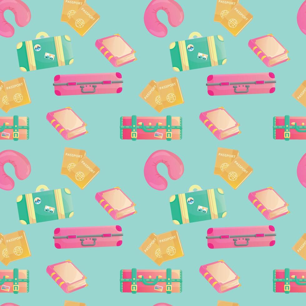 Seamless pattern on the theme of travel with a green, pink gradient suitcases, yellow passports, pink sleeping pillow and books on bright green background. Background for tourism with travel elements vector