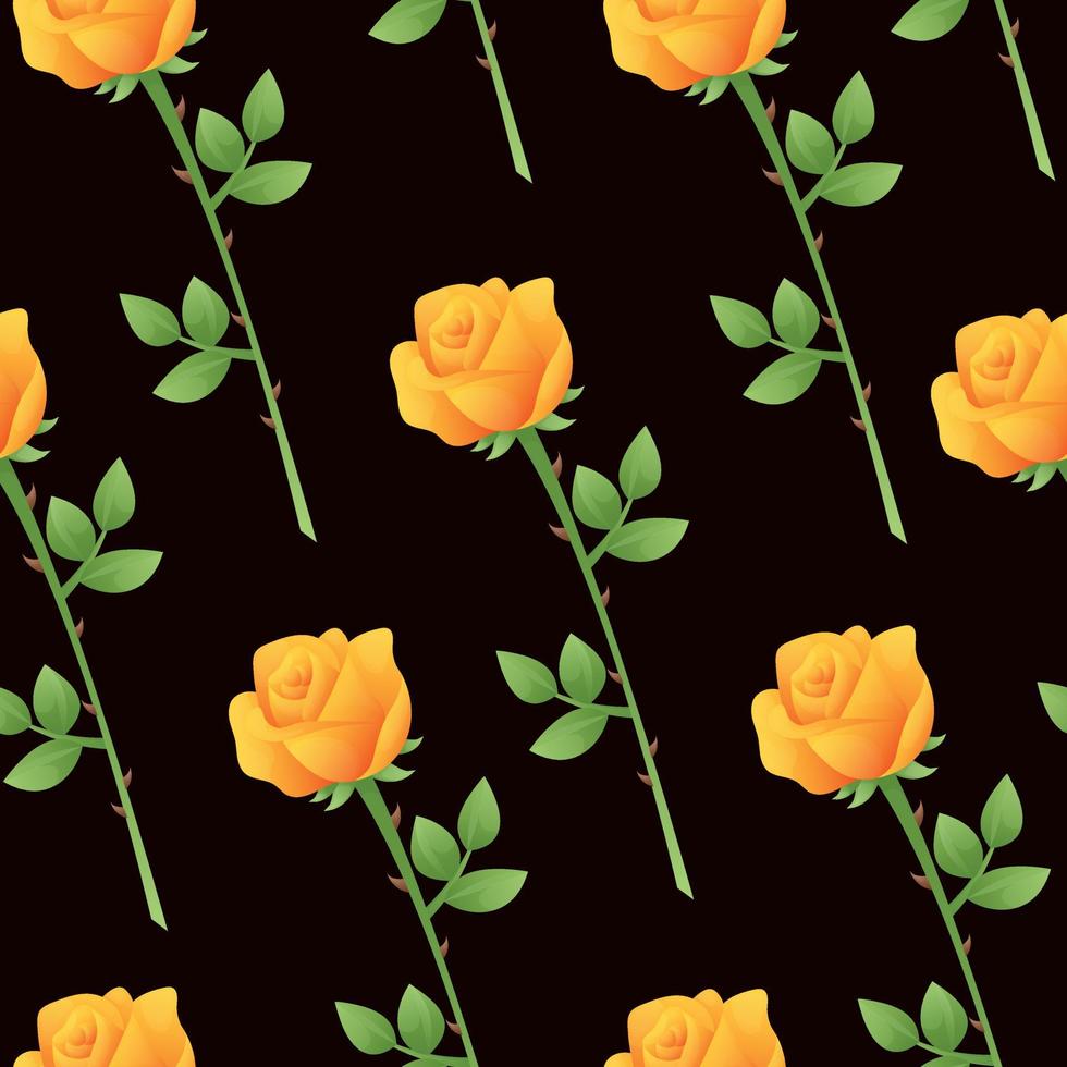 Floral beautiful seamless pattern with yellow roses with stem and leaves on brown dark background. Bright seamless pattern with flowers for a florist or flower shop. Floral background for postcard vector