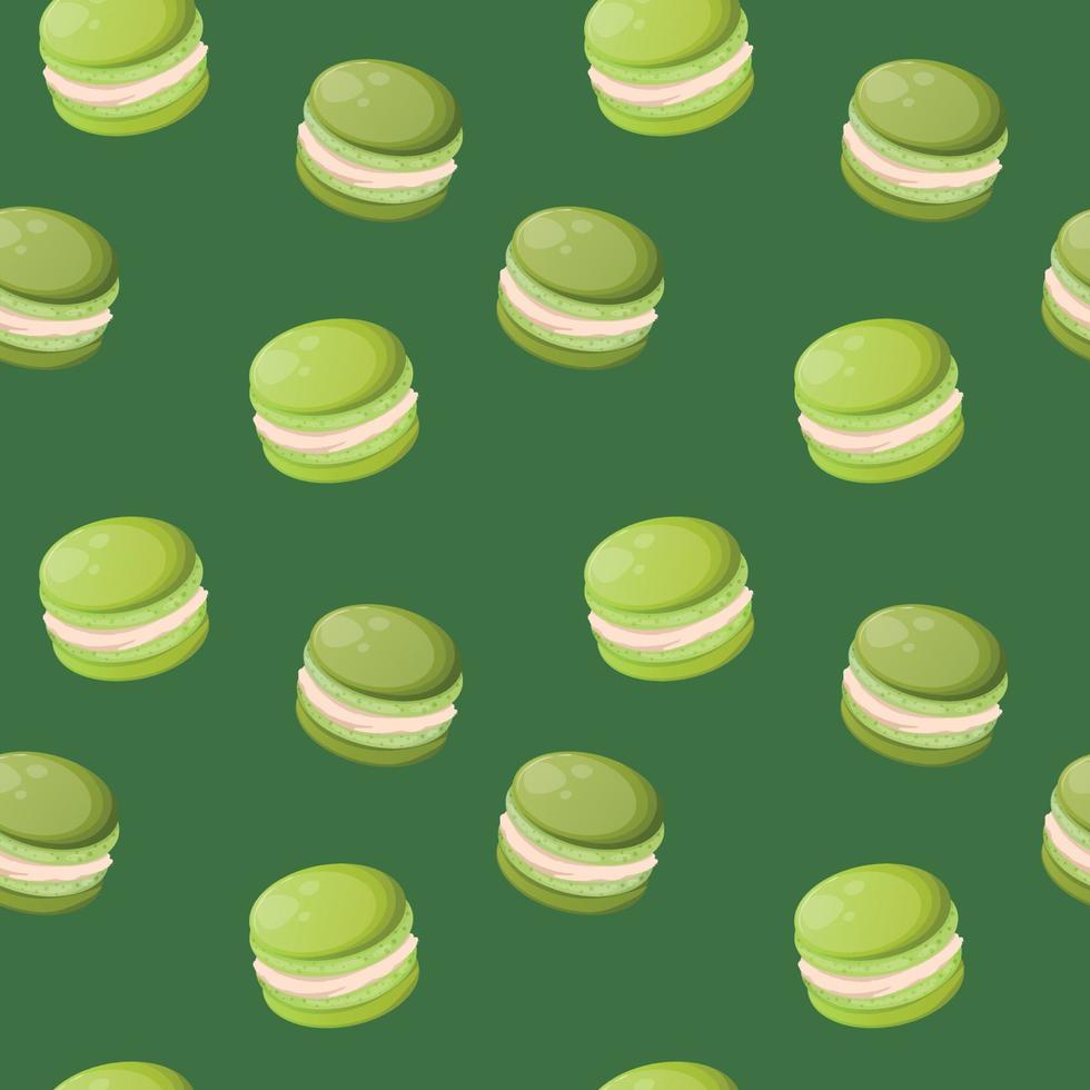 Seamless pattern with eco green cute cartoon macaroons on a green background. Bright seamless pattern with sweets for confectioner or postcard. Sweet background for candy store vector