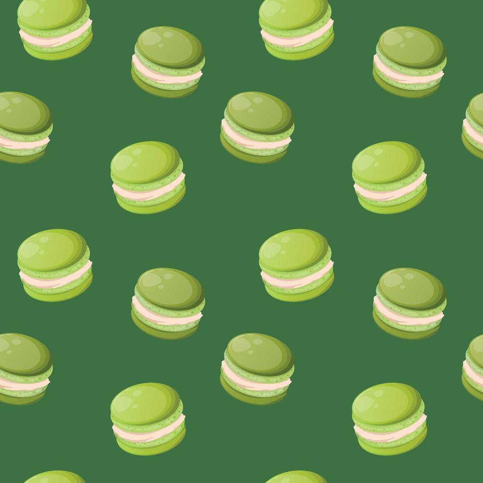 Seamless pattern with eco green cute cartoon macaroons on a green background. Bright seamless pattern with sweets for confectioner or postcard. Sweet background for candy store vector