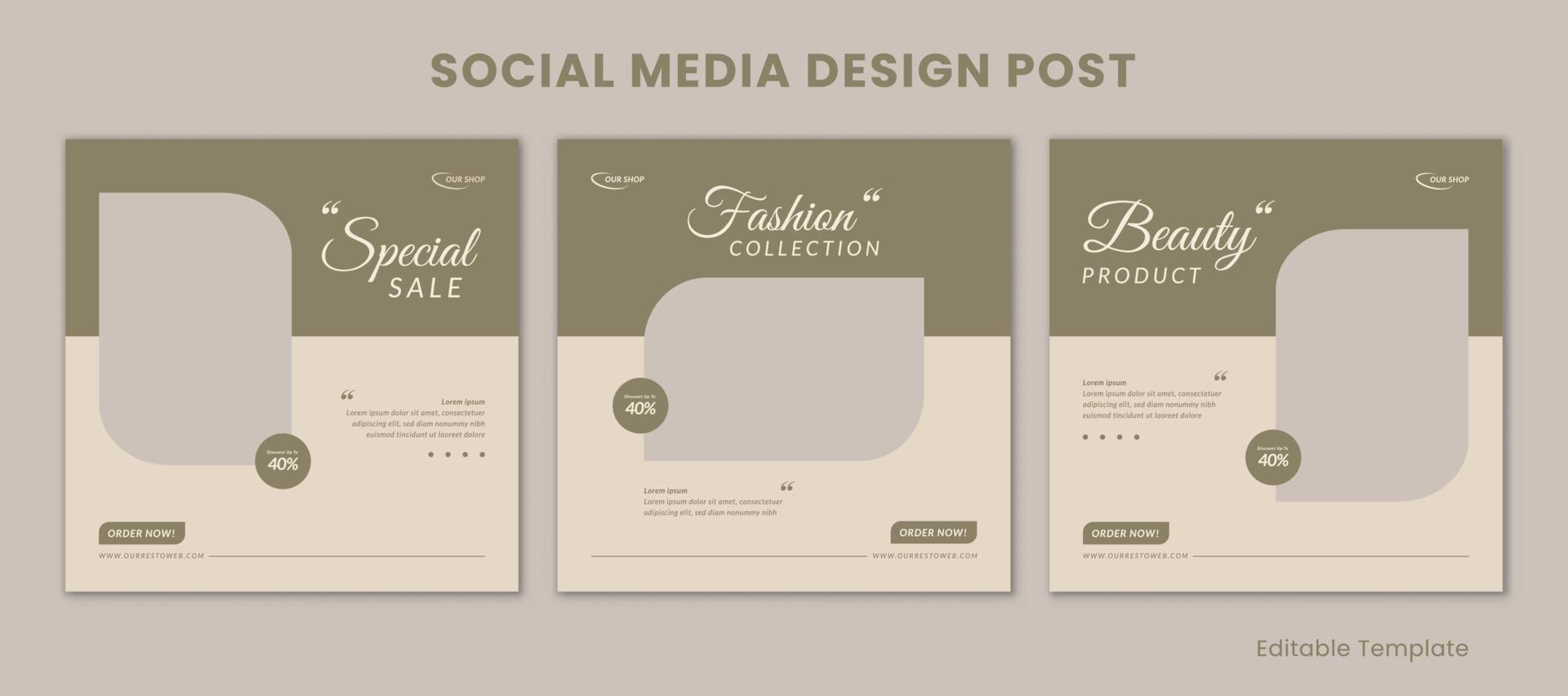 conjunto de 3 editable plantillas social medios de comunicación diseño enviar con pastel y estético estilo. adecuado para rebaja bandera, marca, promoción, presentación, publicidad, moda, belleza, panadería vector