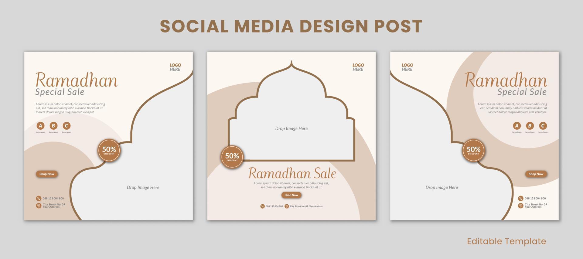 Set of 3 Editable Templates Ramadhan Social Media Design Post. Suitable for Sale Banner, Promotion, Presentation, Advertising, Fashion, coffee shop vector
