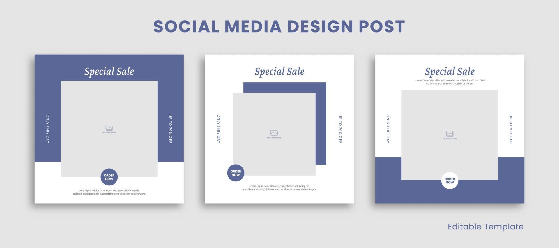 Set of 3 Editable Template Social Media Design Post with Rectangle Frame and Blue Theme. Suitable for Post, Sale Banner, Promotion, Ads, Advertising, Fashion, Beauty, Furniture vector