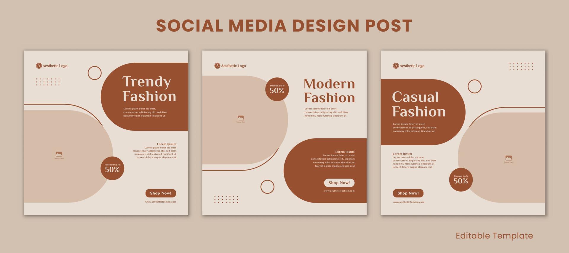 Set of 3 Editable Templates Social Media Design Post with Pastel and Aesthetic Style. Suitable for Sale Banner, Branding, Promotion, Advertising, Fashion, Beauty Care, coffee shop vector