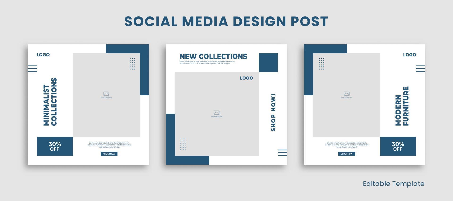 Set of 3 Editable Template Social Media Design Post with Rectangle Frame and Blue Navy Color Theme. Suitable for Post, Sale Banner, Promotion, Ads, Advertising, Fashion, Beauty, Furniture vector
