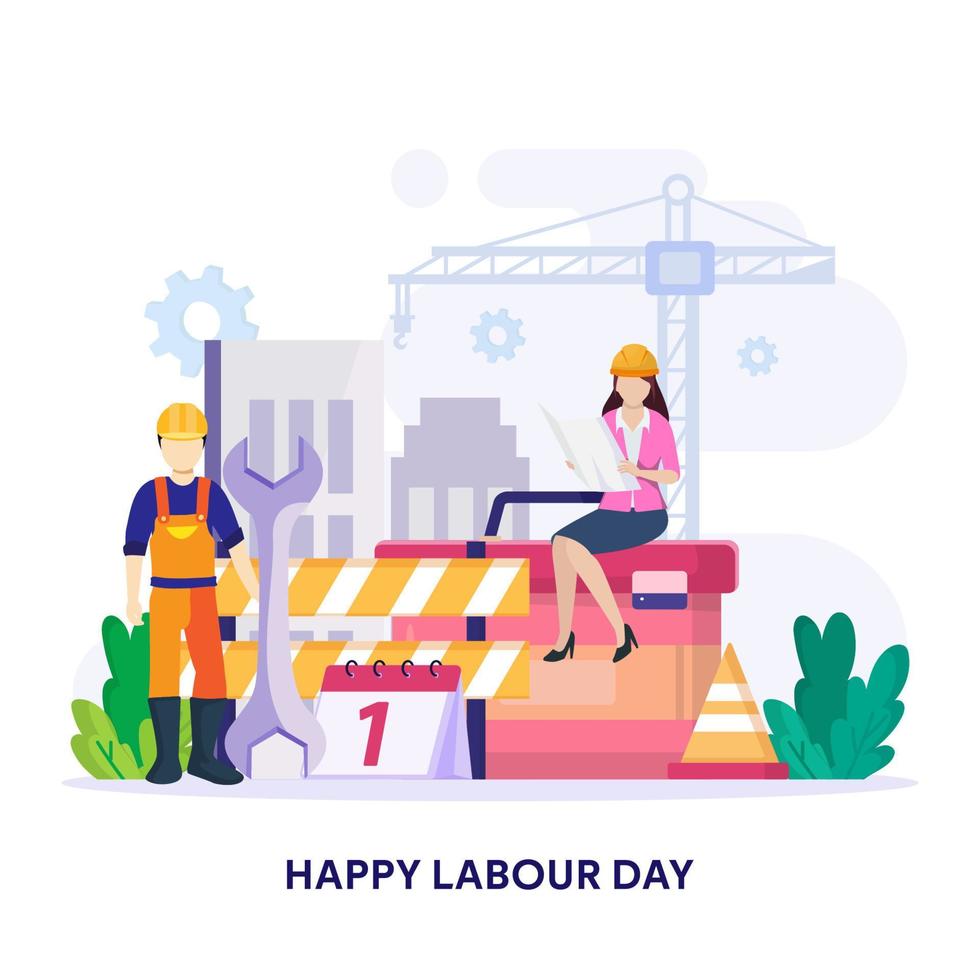 Happy Labour day On 1 May vector illustration. Construction workers are working on building.