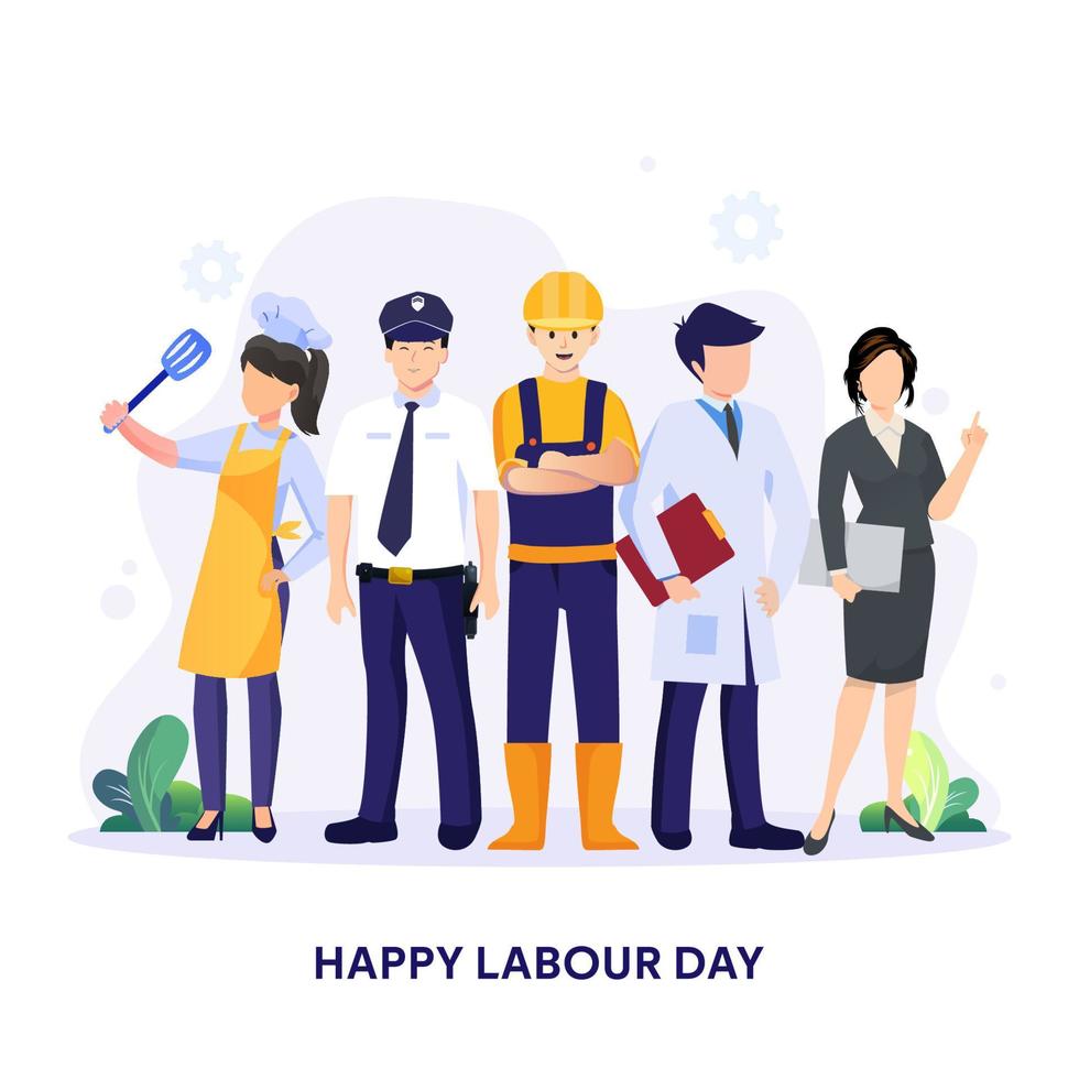 un grupo de personas en diferente profesiones construcción obrero, doctor, policía, cocinero mujer, mujer de negocios. labor día. plano estilo vector ilustración