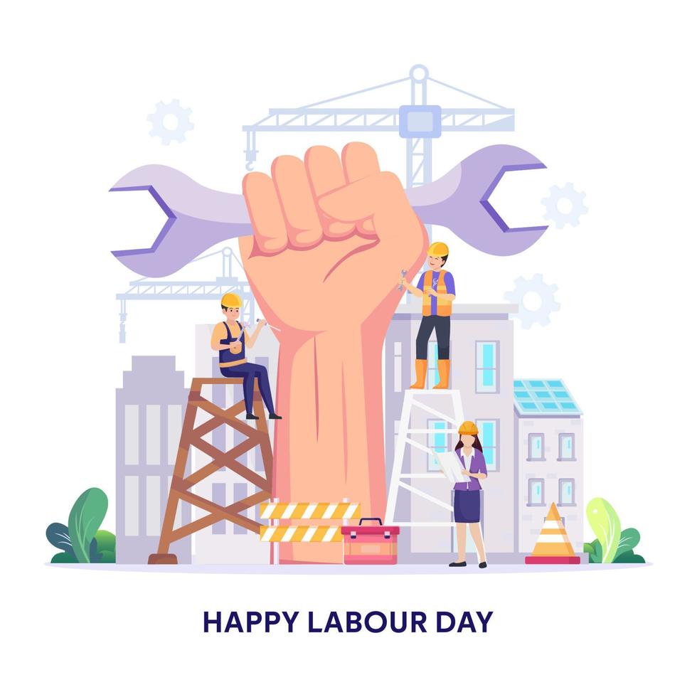 Happy Labour day On 1 May vector illustration. Construction workers are working on building.