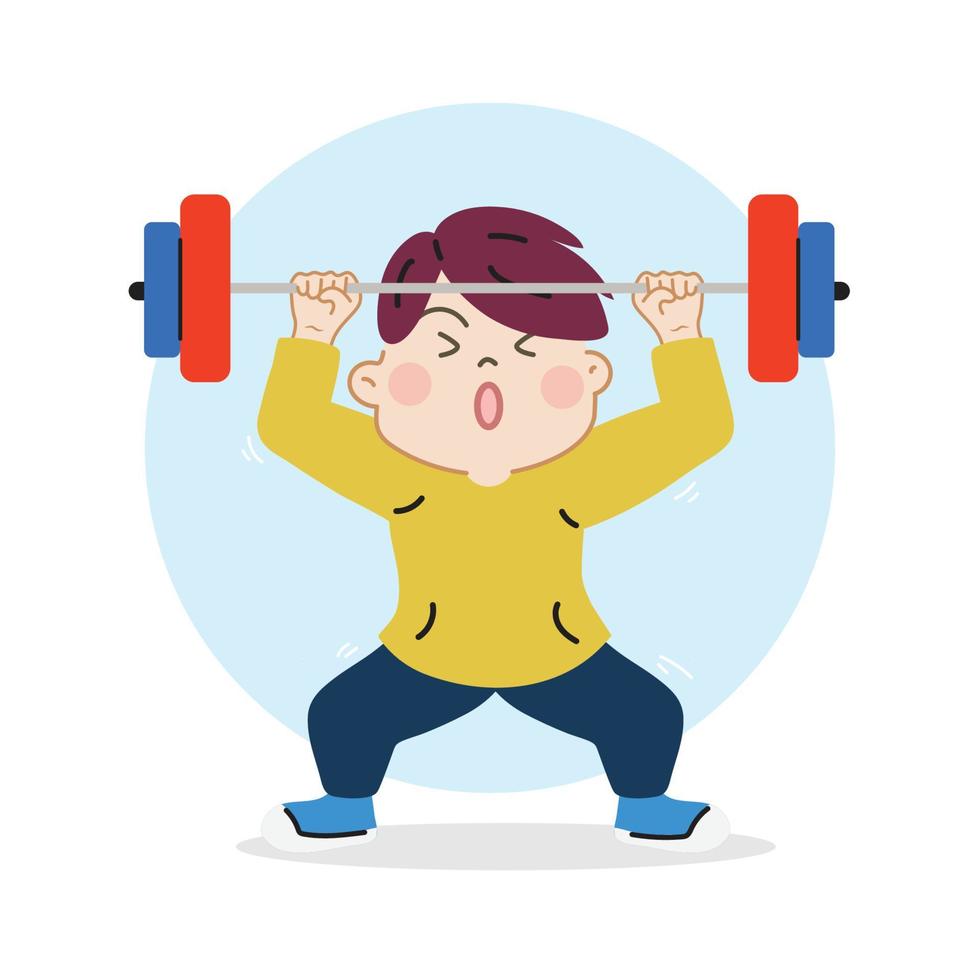 ittle boy strong bodybuilder sportsman lifting heavyweight barbell. Cartoon hand drawn character vector isolated on white background.