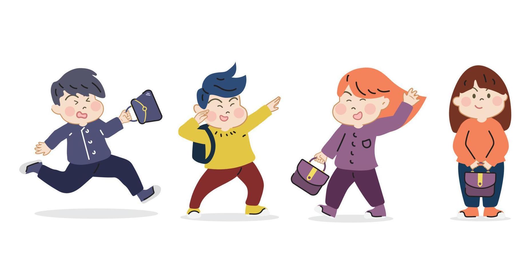 Happy cute kid with backpacks go to school. Cartoon hand drawn character vector isolated on white background.