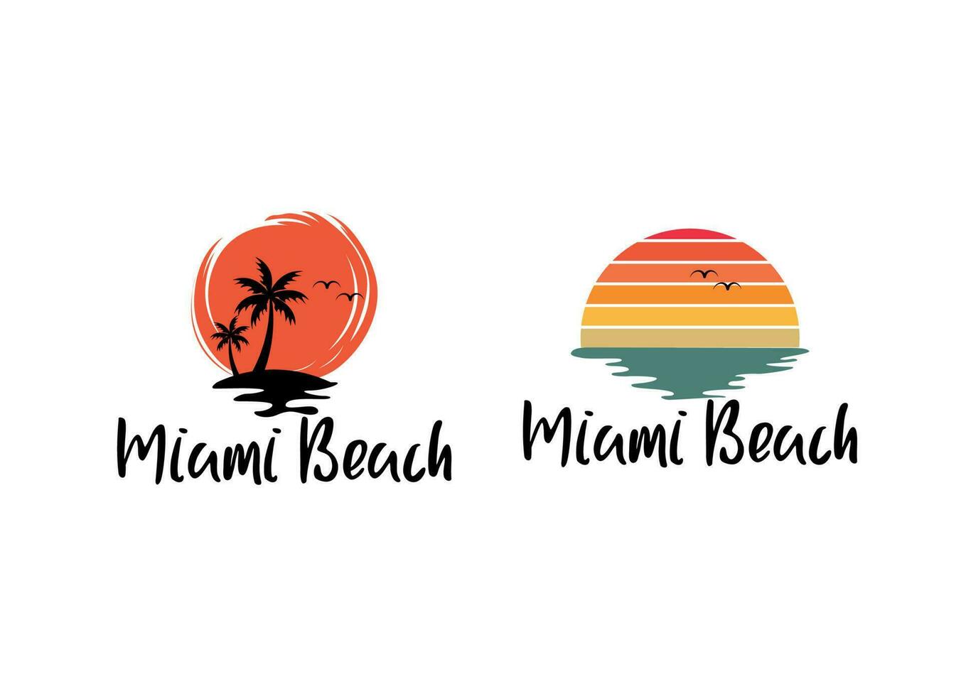 Miami sunset. T-shirt and apparel vector design, print, typography, poster, emblem with palm trees. Sunset logo design