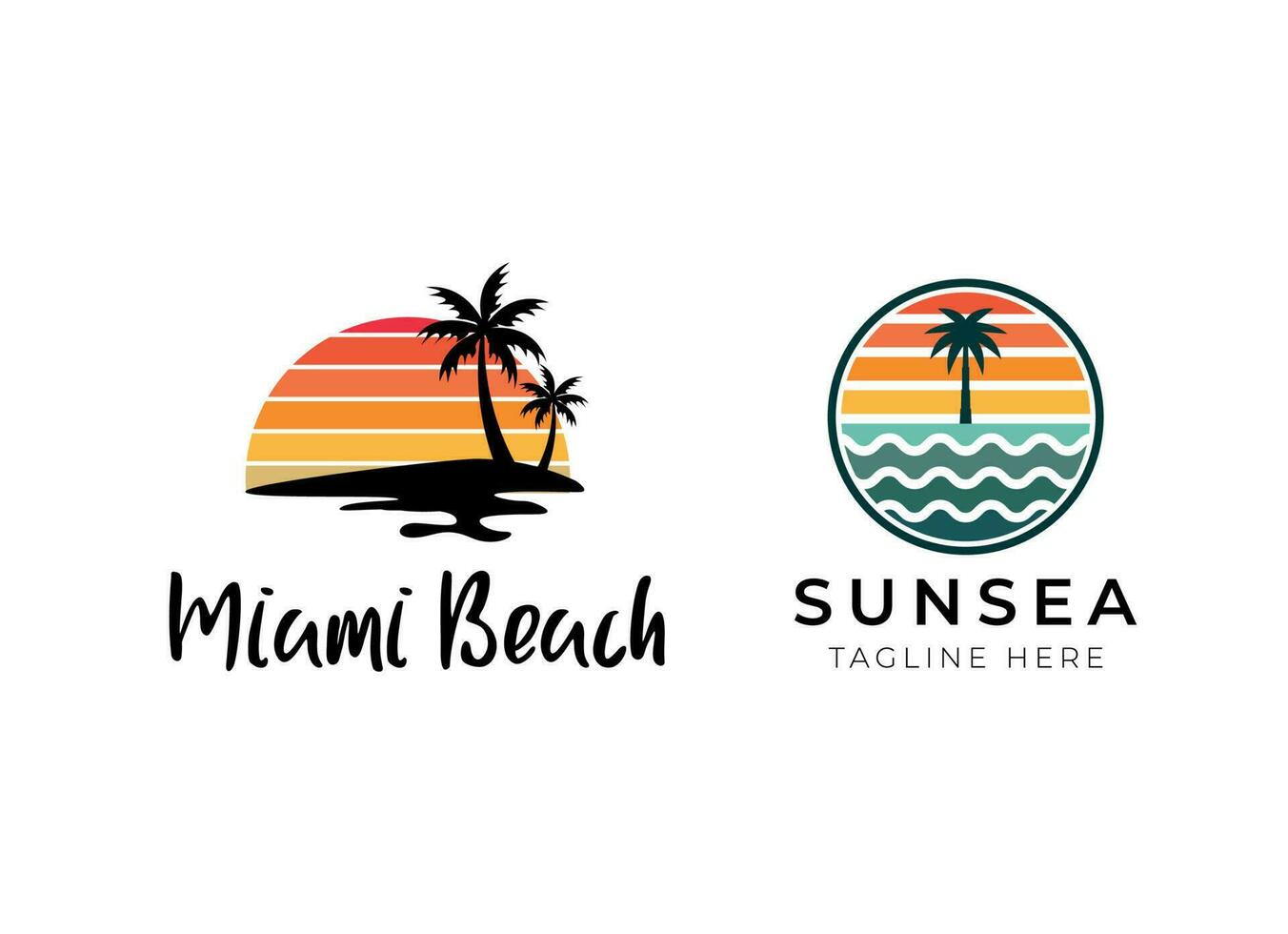 Miami sunset. T-shirt and apparel vector design, print, typography, poster, emblem with palm trees. Sunset logo design