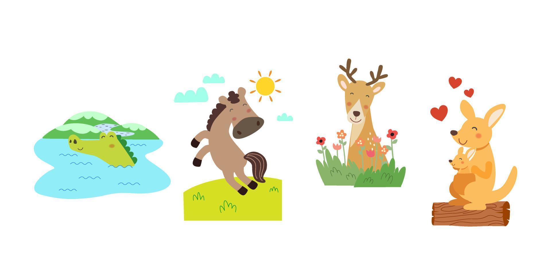 Set of cute animal character with crocodile, horse, deer and kangaroo, coloring page. vector