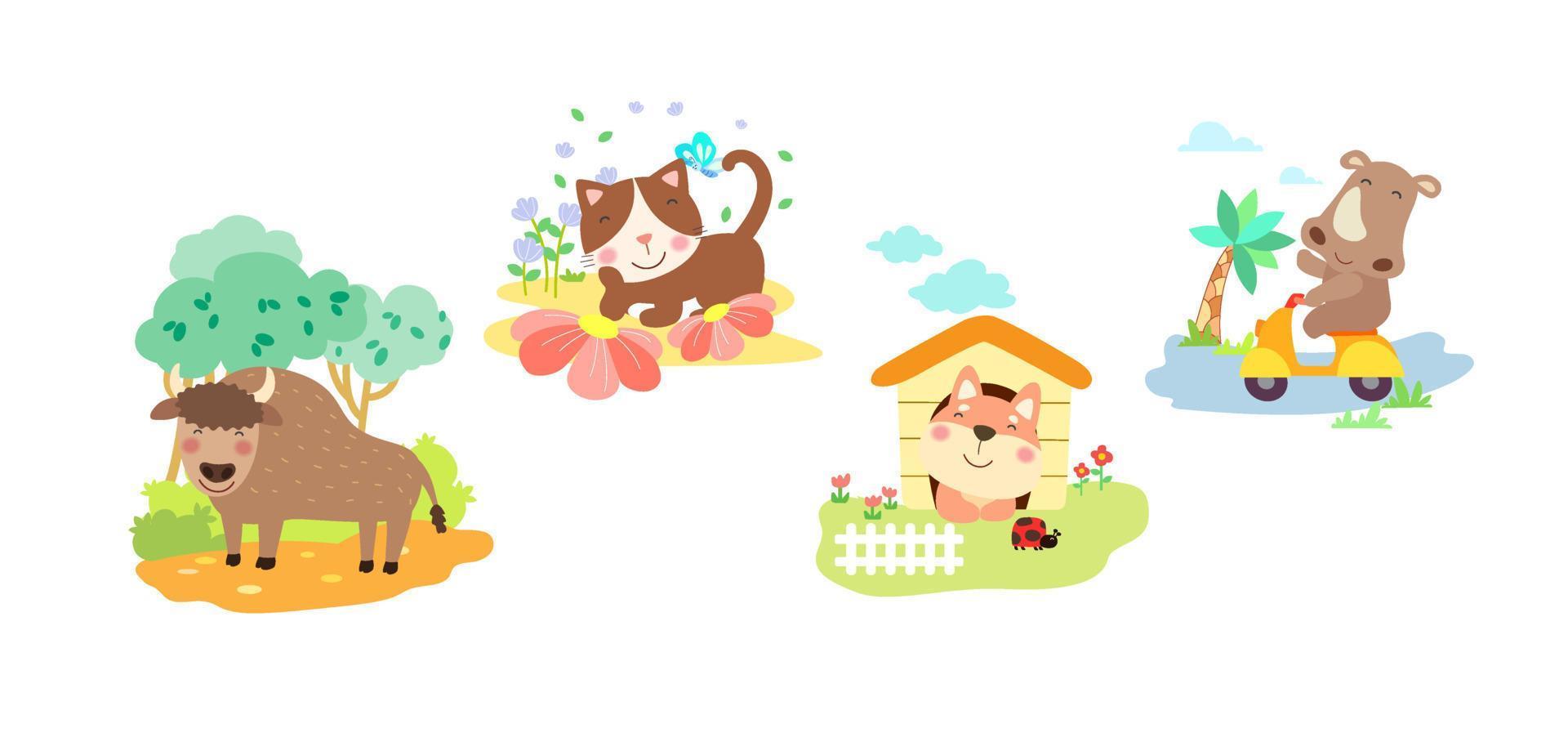 Set of cute animal character with bull, cat, dog and rhinoceros, coloring page. vector