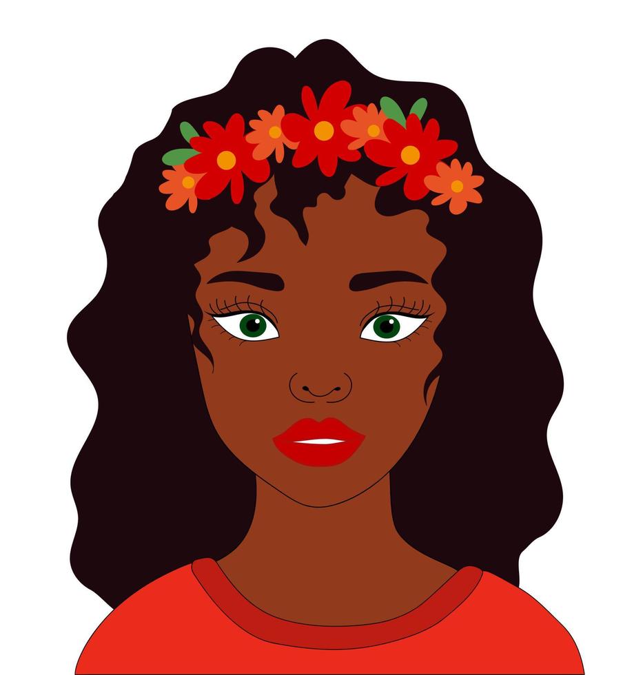 Black woman with wreath flowers on her head. Vector illustration of a black girl with curly hair and green eyes. Poster, postcard with a woman.